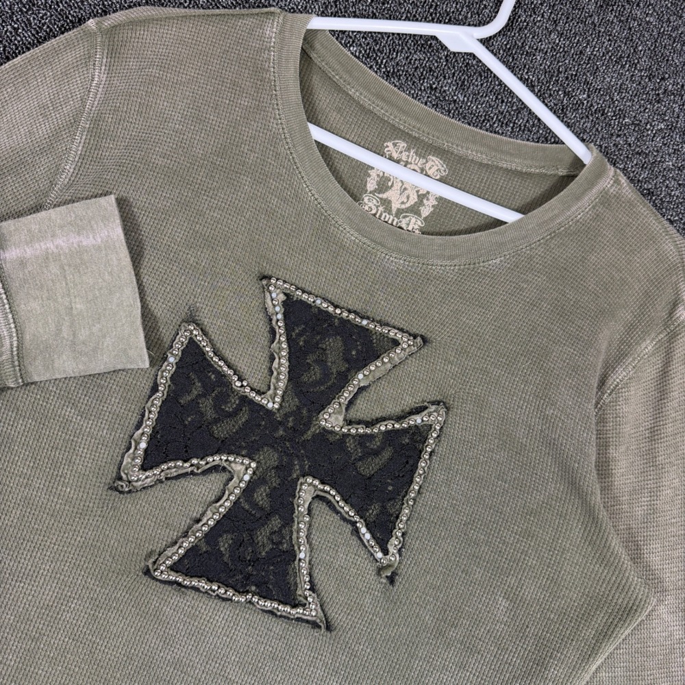Velvet Stone Long Sleeve Thermal Waffle Knit Gothic Cross Top Women's L Green